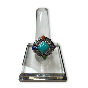 Sterling Silver Multi-Stone Ring Turquoise Lapis Purple Spiny Oyster